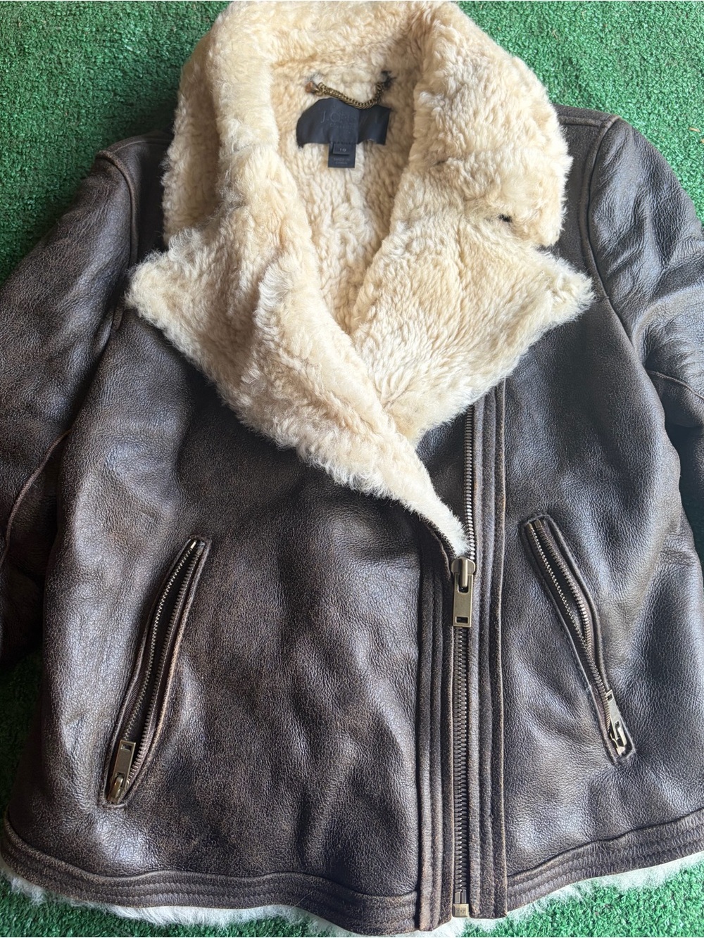 J. Crew Brown Leather Jacket with Cream Shearling Collar